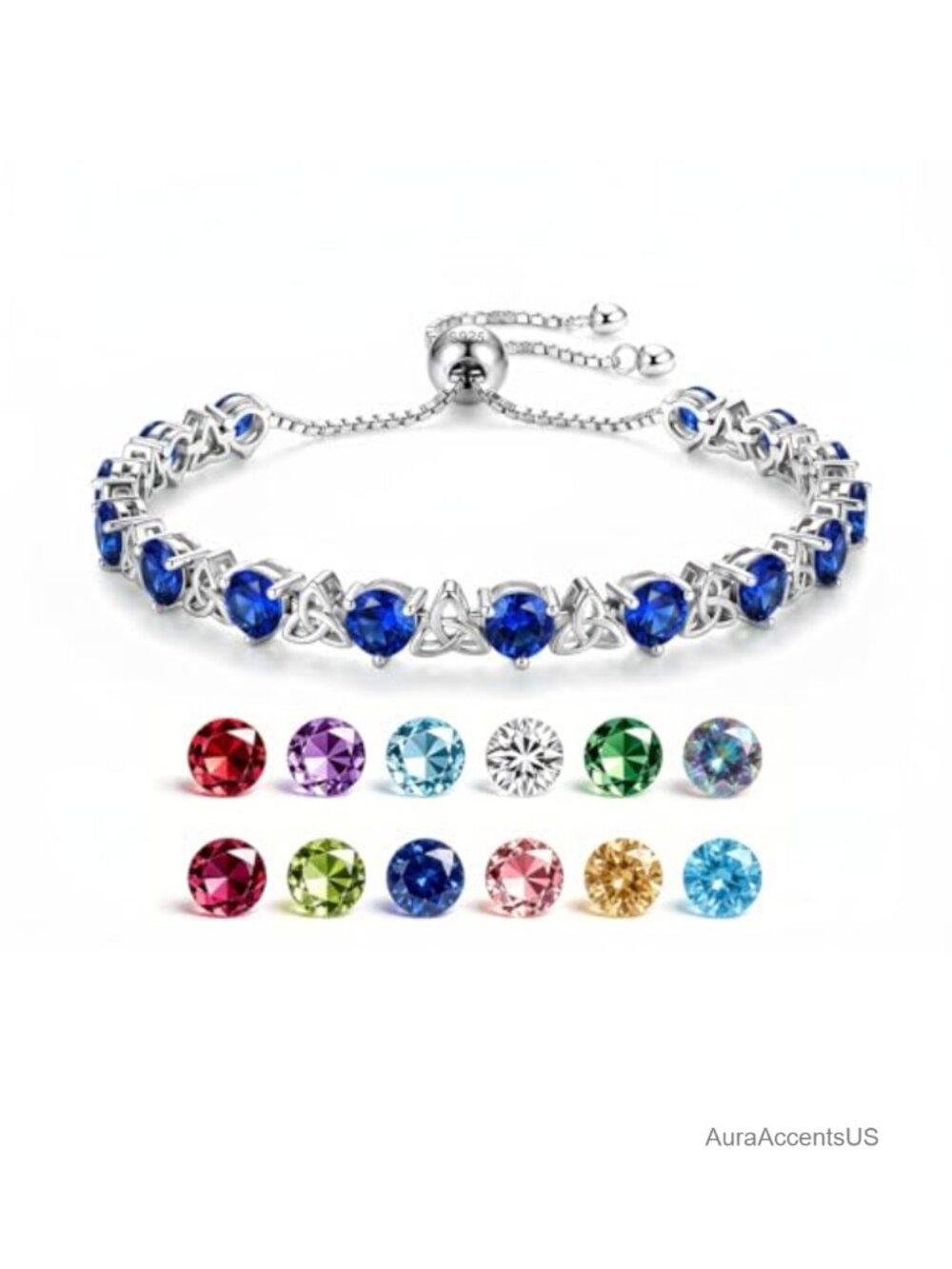 Sterling Silver Sapphire Tennis Bracelet 8CT Round Cut Adjustable